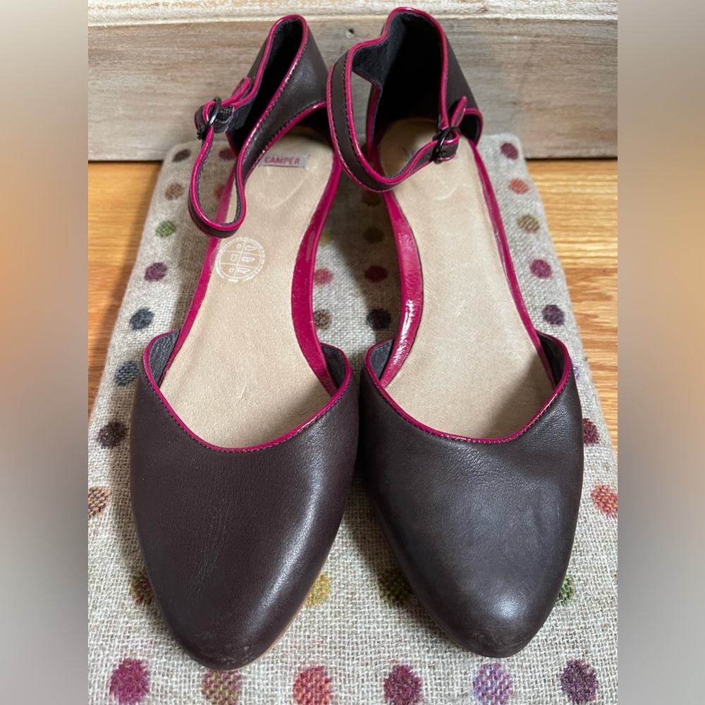 EUC Camper Wedges w Ankle Strap and Wooden Wedge Heel /Brown, Pink,  41/